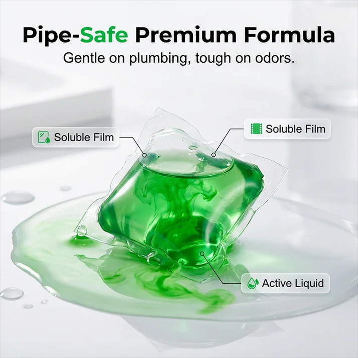 Bio-Enzyme Drain Pods — Neutralizes odors at the source. Instant freshness, zero harsh chemicals.