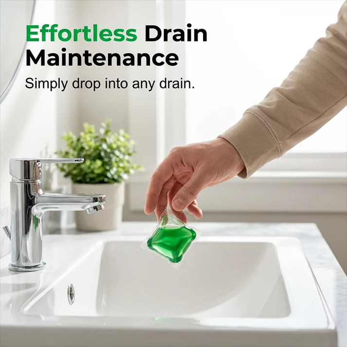 Bio-Enzyme Drain Pods — Neutralizes odors at the source. Instant freshness, zero harsh chemicals.