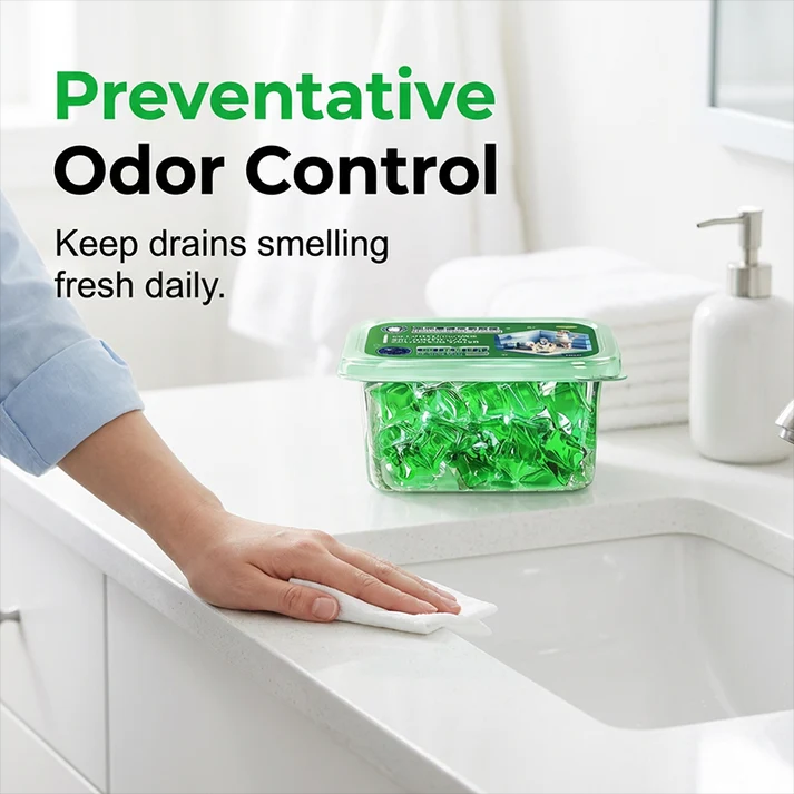Bio-Enzyme Drain Pods — Neutralizes odors at the source. Instant freshness, zero harsh chemicals.