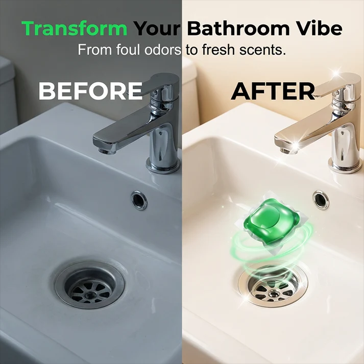 Bio-Enzyme Drain Pods — Neutralizes odors at the source. Instant freshness, zero harsh chemicals.