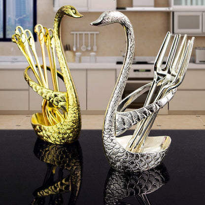 7pcs Swan Base Holder Fruit Forks Set Salad Dessert Tools Tableware
