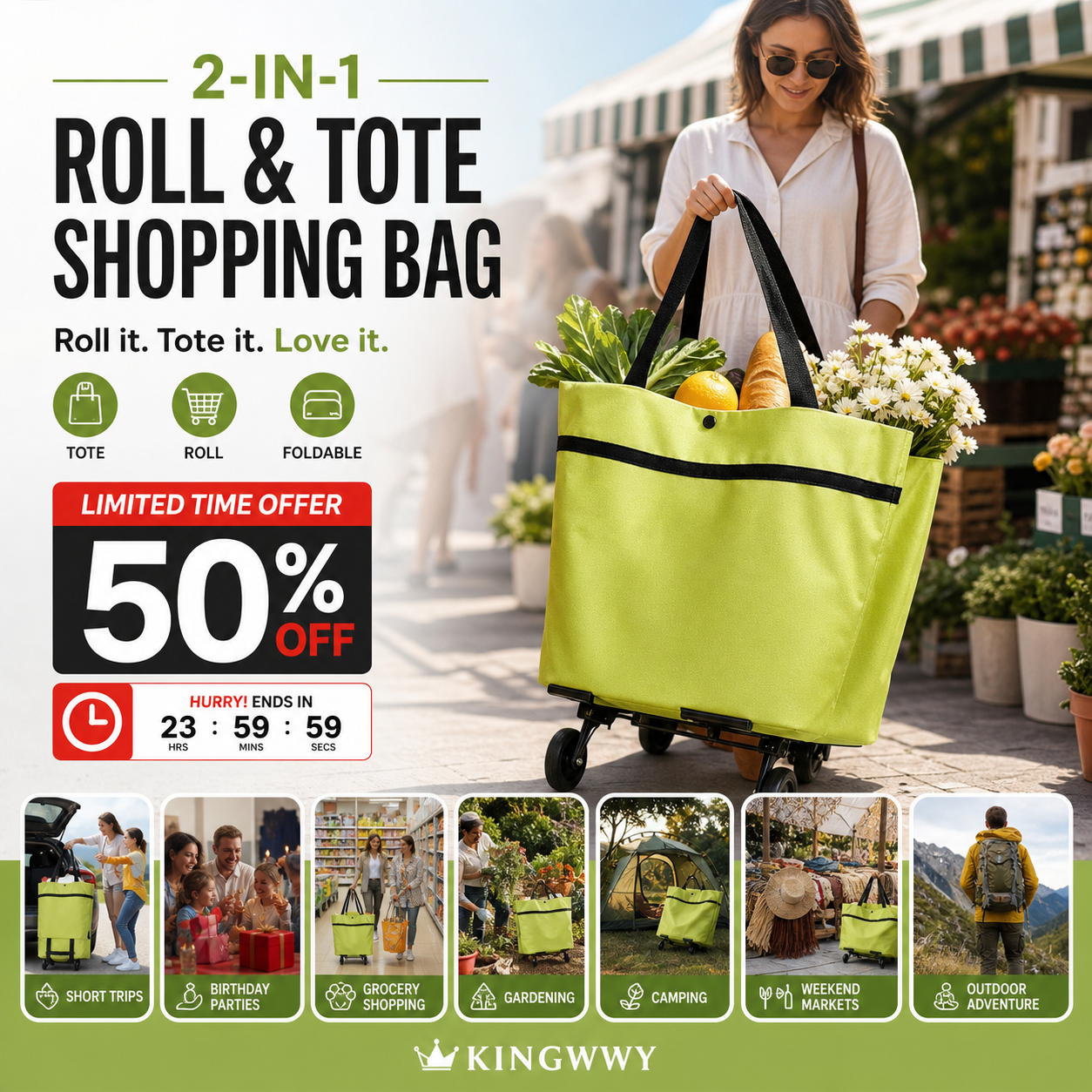 🛍️ 2-in-1 Foldable Shopping Cart – Carry More, Roll Easier