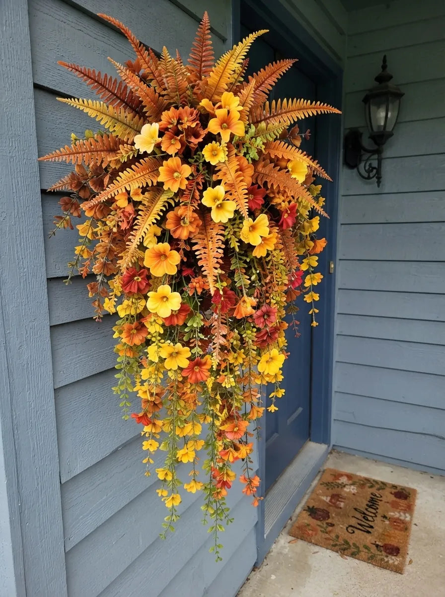 🍂🍁 ARTIFICIAL FALL HARVEST HANGING BASKET - AUTUMN PORCH & DOOR DECORATION
