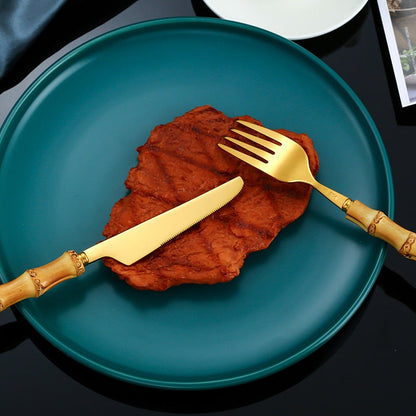 4pcs Gold Bamboo Handle And Steel Tableware Cutlery For Luxury Dinnerware Set