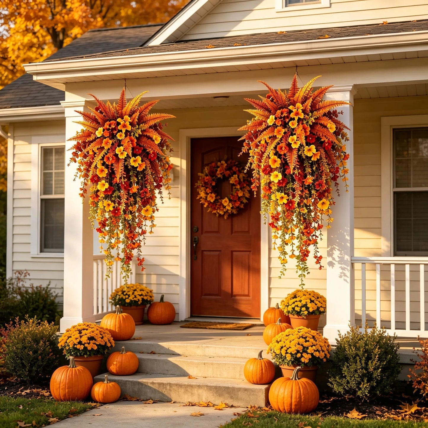 🍂🍁 ARTIFICIAL FALL HARVEST HANGING BASKET - AUTUMN PORCH & DOOR DECORATION